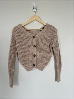 Beige Knit Cardigan Sweater Moon & Madison Preppy Neutral Cropped Slouchy